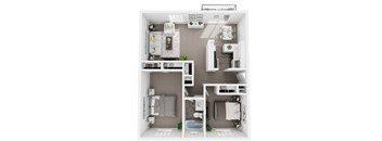 A diagram of a small apartment with a kitchen, living room, and bathroom.