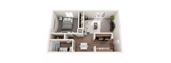 A top-down view of a small, neatly organized apartment with a bedroom, living room, and kitchen.