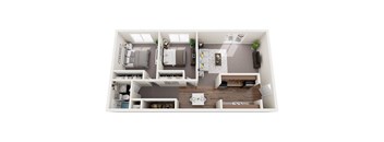 A top-down view of a small apartment with two bedrooms, a living room, and a kitchen.