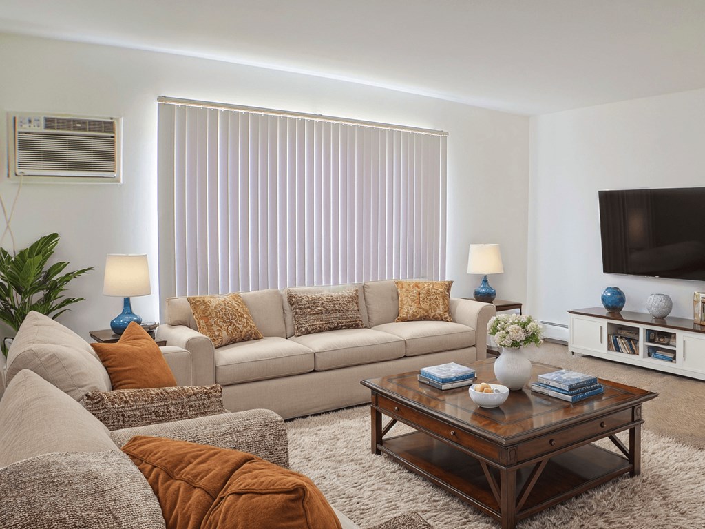 A living room with a couch, coffee table, and a television.