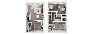 Two images of a small apartment layout with a kitchen, living room, and bedroom.