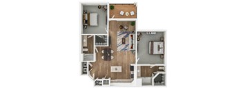 a stylized floor plan with a bedroom and living room