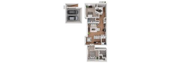 A floor plan of a house with a kitchen, living room, and two bedrooms.