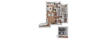 A 3D floor plan of a house with a kitchen, living room, dining room, and two bedrooms.