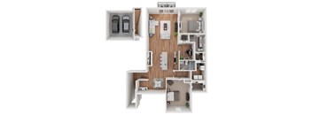A floor plan of a house with two bedrooms, a living room, a kitchen, and a garage.