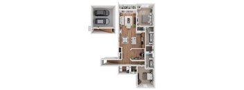 A top-down view of a house layout with a garage, living room, kitchen, and bedrooms.
