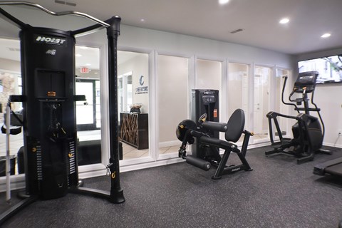 A gym with a variety of equipment including a treadmill, a stationary bike, and a rowing machine.