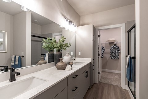 a bathroom with two sinks and a large mirror