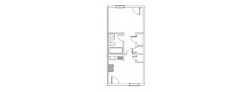 A floor plan of a room with a kitchen area and a bathroom.