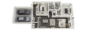 A top-down view of a house interior with a living room, kitchen, dining area, and two bedrooms.