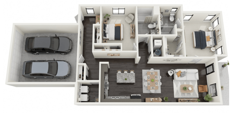 A top-down view of a house interior with a living room, kitchen, dining area, and two bedrooms.
