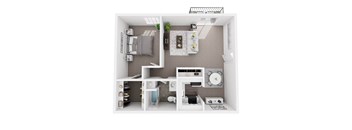 A 3D floor plan of a small apartment with a kitchen, living room, and bedroom.
