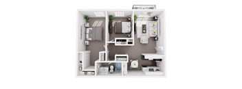 A top-down view of a neatly organized apartment with a kitchen, living room, and bathroom.