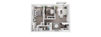 A 3D floor plan of a small apartment with a kitchen, living room, and bathroom.