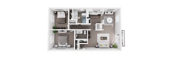 A white and grey dollhouse living room with furniture and decorations.