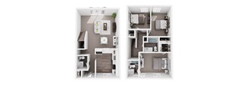 Two images of a small apartment layout with a kitchen, living room, and bedroom.