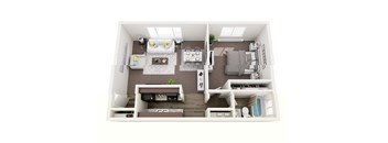 A top-down view of a small, neatly organized apartment with a bed, a couch, a desk, and a kitchenette.