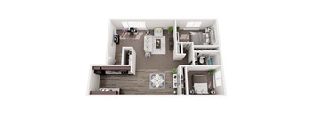A top-down view of a small, neatly organized apartment with a kitchen, living room, and bedroom.