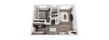 A top-down view of a modern apartment with a living room, kitchen, and dining area.