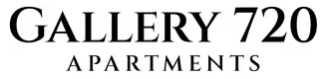 A black and white image of a sign that says Gallery 720 Apartments.