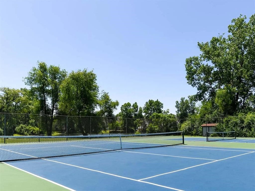 a tennis court with trees in the background on a clear day