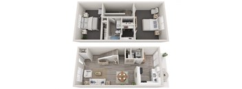 a stylized floor plan with a bedroom and a living room