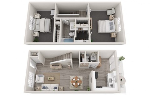 a stylized floor plan with a bedroom and a living room