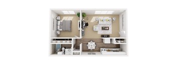 A top-down view of a small, neatly organized apartment with a bed, desk, and kitchenette.