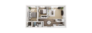 A top-down view of a small apartment with a living room, kitchen, and bedroom.