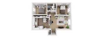 A top-down view of a small apartment with a bedroom, living room, kitchen, and bathroom.