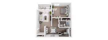 A top-down view of a small, neatly organized apartment with a kitchen, living room, and bedroom.