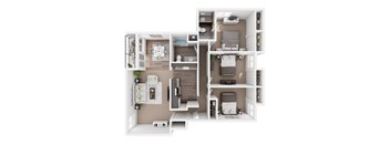 A 3D floor plan of a small apartment with a kitchen, living room, and bathroom.