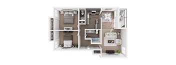 A 3D floor plan of a small apartment with two bedrooms and a living area.
