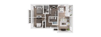 A 3D floor plan of a small apartment with a kitchen, living room, and bedroom.
