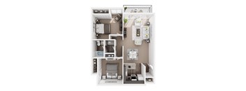 A top-down view of a small apartment layout with a kitchen, living room, and bedroom.