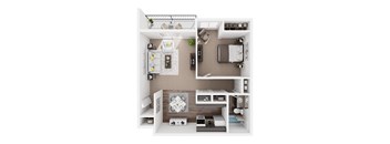 A top-down view of a small, neatly organized apartment with a kitchen, living room, and bedroom.