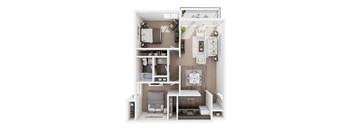 A white floor plan of a small apartment with a kitchen, living room, and bedroom.