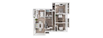 A top-down view of a small apartment layout with a kitchen, living room, and bedroom.