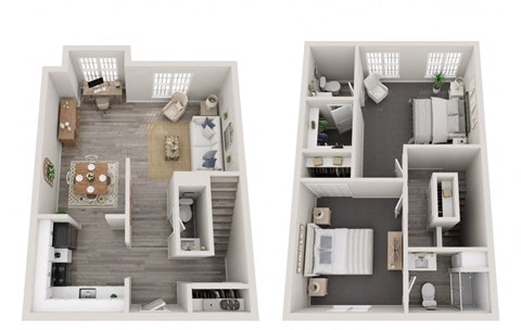 two views of a 2 bedroom192 sq ft floor plan