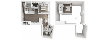 A white floor plan of a house with a kitchen, living room, and bathroom.