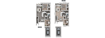 A diagram shows the layout of two apartments, one with a car in the garage and the other without.