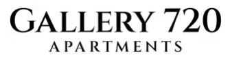 A black and white image of a sign that says Gallery 720 Apartments.