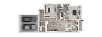 A top-down view of a house layout with two cars parked outside.