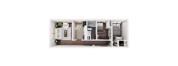 the interior of a studio apartment with a bedroom and a bathroom