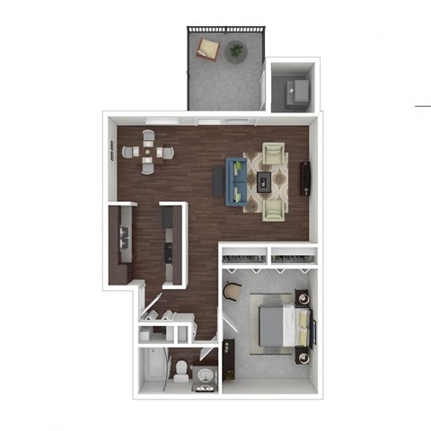 A top-down view of a small apartment with a kitchen, living room, and bathroom.