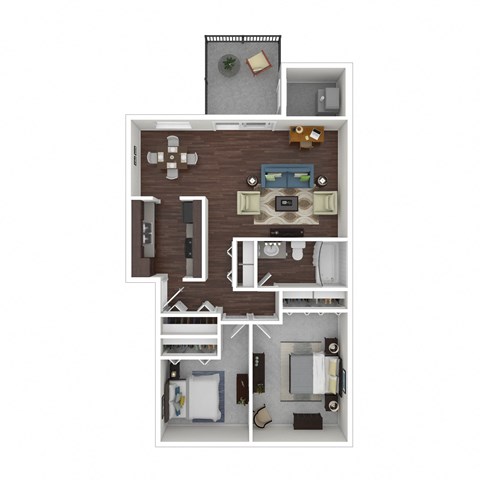 A 3D floor plan of a house with a kitchen, living room, dining room, and two bedrooms.