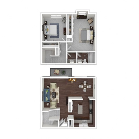 A floor plan of a small apartment with two bedrooms and a living area.