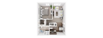 A top-down view of a small, neatly organized apartment with a kitchen, living room, and bathroom.