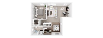 A top-down view of a small apartment with a kitchen, living room, and bedroom.