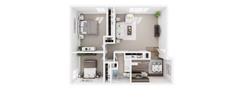 A 3D floor plan of a small apartment with a kitchen, living room, and bedroom.